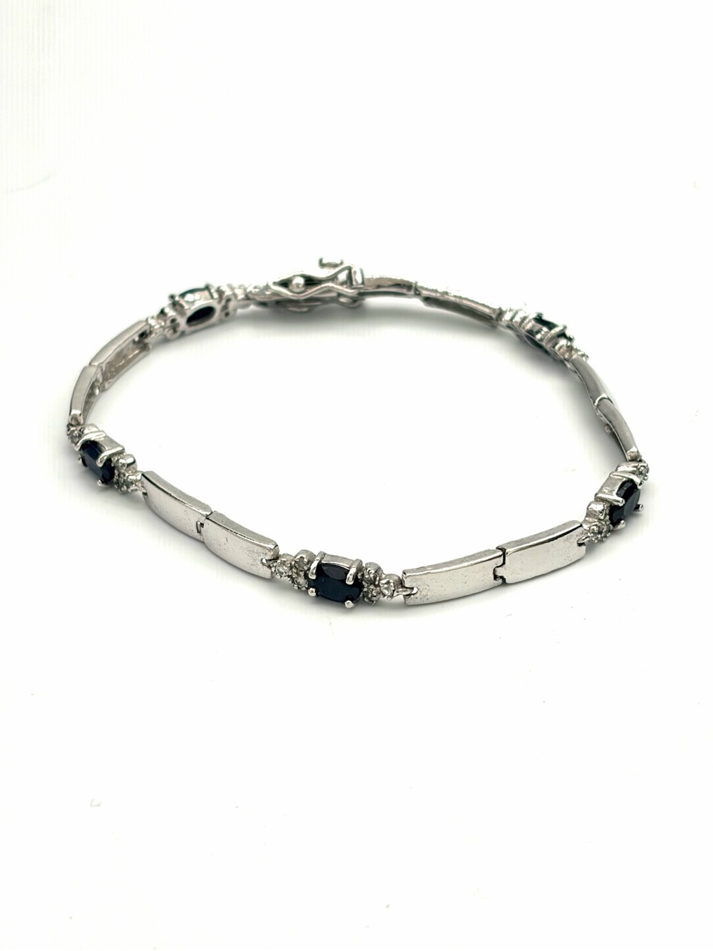 Vintage DBJ Natural Sapphire, Diamond and Sterling Silver Broad Link Bracelet